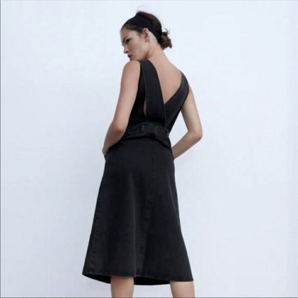 ZARA Black Denim Midi Pinafore Overall Button Down Dress Size XS NWT - Picture 2 of 14
